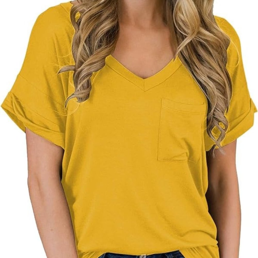 MIHOLL Short Sleeve V-Neck Loose Casual T-Shirt in mustard yellow, Size S